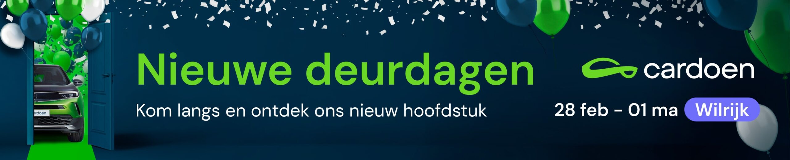 Nieuwe deurdagen bij Cardoen Antwerpen, auto met confetti en ballonnen
